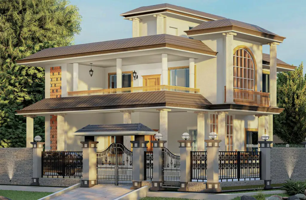 A render of an elegant Greek Doric style villa